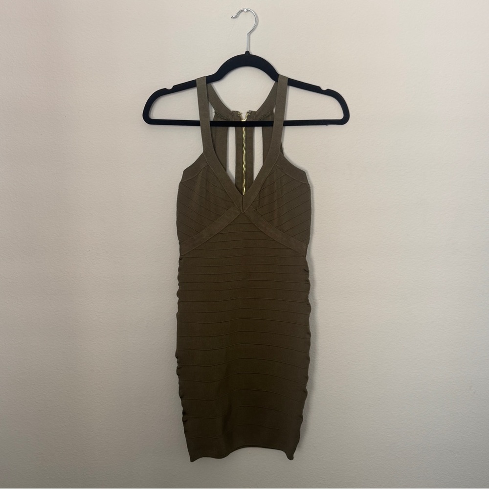 Guess Brand Olive Green Bandage Bodycon Dress Gold Hardware Zippers